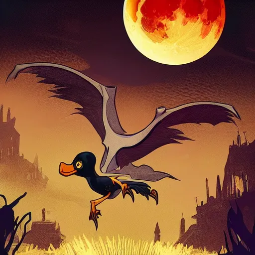 Image similar to an ultra detailed vector image of darkening duck being chased by the hunter from bloodborne, concept art by alphonse mucha and greg rutkowski, scary shadows, blood moon eclipse, polaroid octane render, laminal space