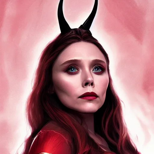 Image similar to A portrait of elizabeth Olsen as scarlet witch with horns, cinematic, digital art, amazing detail