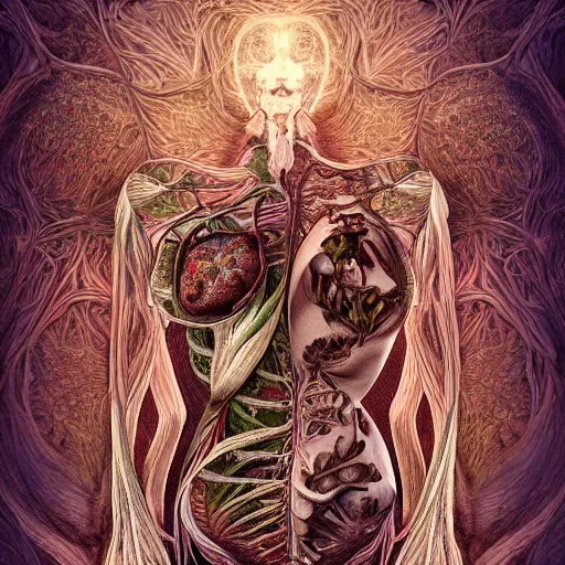 Prompt: a beautiful detailed photo of a rotten woman corpse open in two sides morphing into fractal plants and fractal flowers and mushrooms, muscles, veins, anatomical, intricate, ornate, volumetric light, beautiful lit, romero ressendi