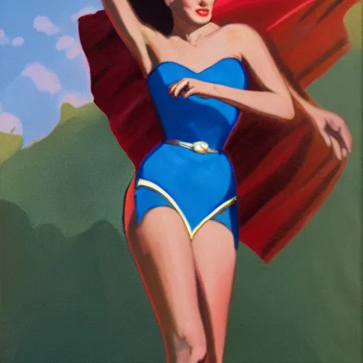 Image similar to full body portrait of gal gadot in the style of bill medcalf, blue sky with a few clouds, retro, 1 9 5 0, 4 k, detailed