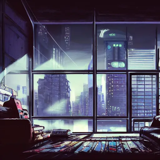 Image similar to cyberpunk, living room interior, windows, light rays, buildings, dystoptian, gorgeous view, no person, depth, game by Lucas Arts, clouds, tending on artstation