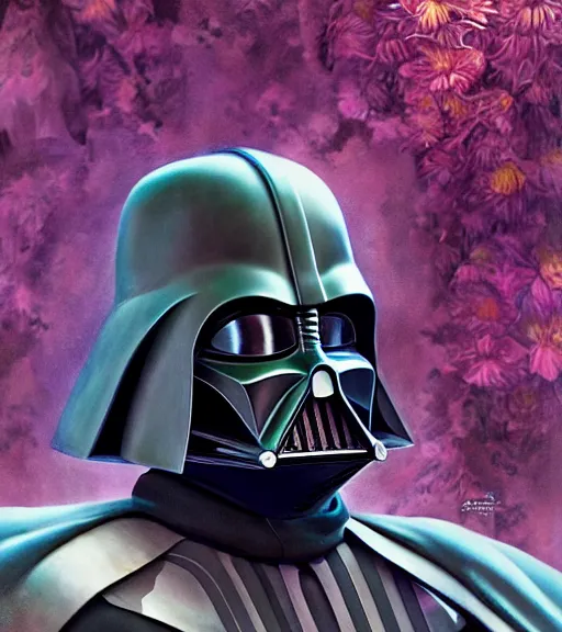 Image similar to portrait of darth vader of star wars, surrounded by flowers by karol bak, james jean, tom bagshaw, rococo, trending on artstation, cinematic lighting, hyper realism, octane render, 8 k, hyper detailed.