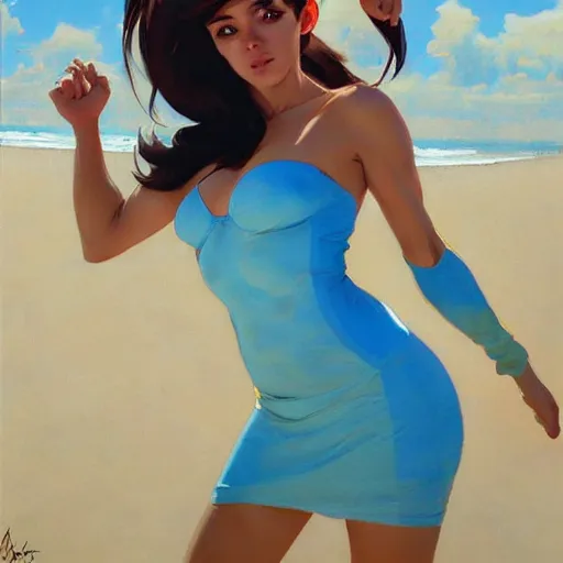 Image similar to greg manchess painting of tracer wearing a skintight dress in a beach, medium shot, organic painting, sunny day, bold shapes, hard edges, street art, trending on artstation, by huang guangjian and gil elvgren and sachin teng and artgerm and greg rutkowski and alphonse mucha