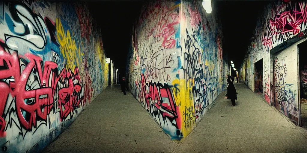 Prompt: new york underground passage at night, city lights, graffiti by cope 2 on the wall, skaters, coloured film photography, christopher morris photography, bruce davidson photography