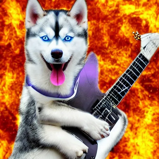 Image similar to Heterochromia Husky with scars holding an electro guitar with the background of a burning skull in space