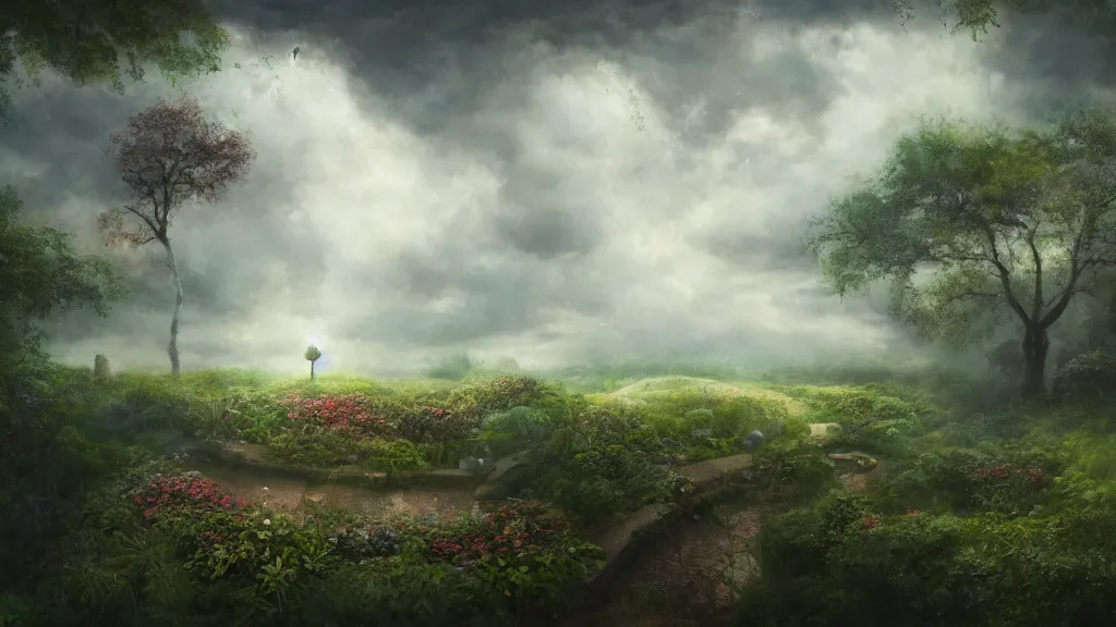 Prompt: a surreal dreamlike scene of a garden in the clouds, somber melancholic matte painting, highly detailed oil painting, liminal space, 8k, stillness, solitude, warm lovely sentimental atmosphere, masterpiece