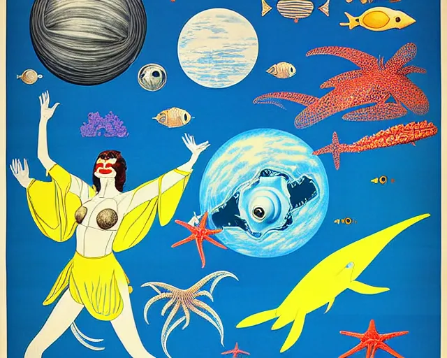 Prompt: 1976 science fiction poster, cut out, nouvelle vague, beach on the outer rim, kabuki theater, tropical sea creatures, aquatic plants, drawings in style of Monty Python Flying Corcus, composition William S Boroughs, written by Neil Gaiman