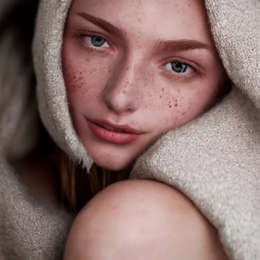 Prompt: portrait of a cute thin young woman, red blush, cute freckles wearing casual clothes, small smile, relaxing on a couch, cozy under a blanket, cozy living room, close up shot, 8 k, art by diego fazio and irakli nadar, hyperrealism, hyperdetailed, ultra realistic