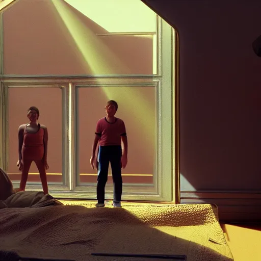 Prompt: colour comedy - sitcom scene from duna ( 2 0 2 1 ) by denis villeneuve and gregory crewdson style highly detailed faces many details by andrei tarkovsky and caravaggio in sci - fi style vibrant volumetric natural light rendered in blender and octane render