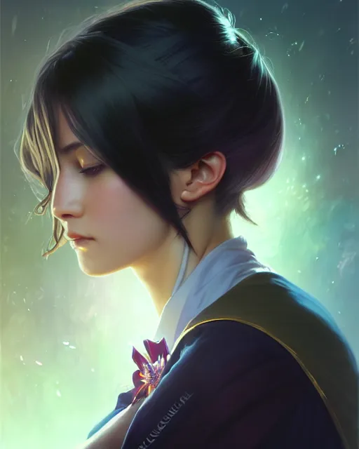 Prompt: side portrait of a young adult college female, magic uniform university, dark coloured hair, short hair, fantasy building, intricate, sharp focus, lens flare, bloom, rim light, illustration, highly detailed, digital painting, concept art, matte, art by wlop and artgerm and greg rutkowski and alphonse mucha, masterpiece