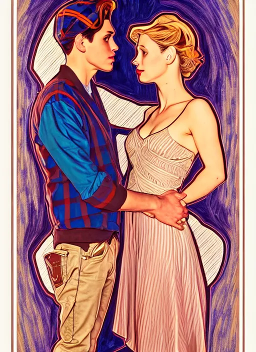 Prompt: oil portrait of jughead jones and betty cooper, intricate, elegant, highly detailed, lighting, painting, artstation, smooth, illustration, art by greg rutowski and alphonse mucha