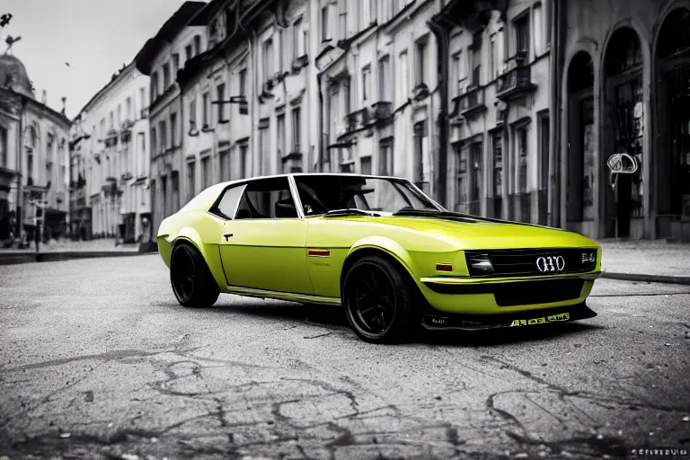 Image similar to widebody audi camaro b 1 ( 1 9 6 9 ), need for speed : carbon, at night, sci - fi, neon lines, lviv historic centre, phonk music background, smoke behind wheels, noise, dark, establishing shot, by simon stalenhag