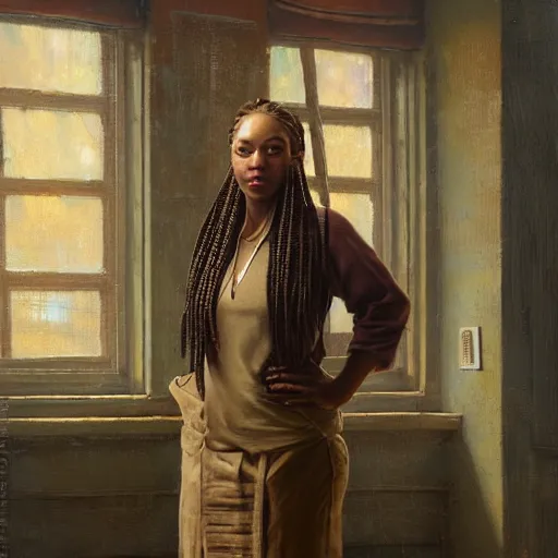 Prompt: a portrait of a woman with cornrow braids by Tim Okamura, Norman Rockwell, she is standing in a very large room with many windows and columns, a detailed matte painting by Noah Bradley and Moebius, cgsociety, concept art, solarpunk, optimistic future, natural light, golden light, life after the plague, backlit, rim lighting