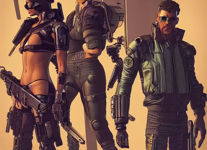 Image similar to cyberpunk mercenary team. portrait by stonehouse and mœbius and will eisner and gil elvgren and pixar. character design. realistic proportions. cyberpunk 2 0 7 7 character art, blade runner 2 0 4 9 concept art. cel shading. attractive face. thick lines. the team. diverse characters. artstationhq.