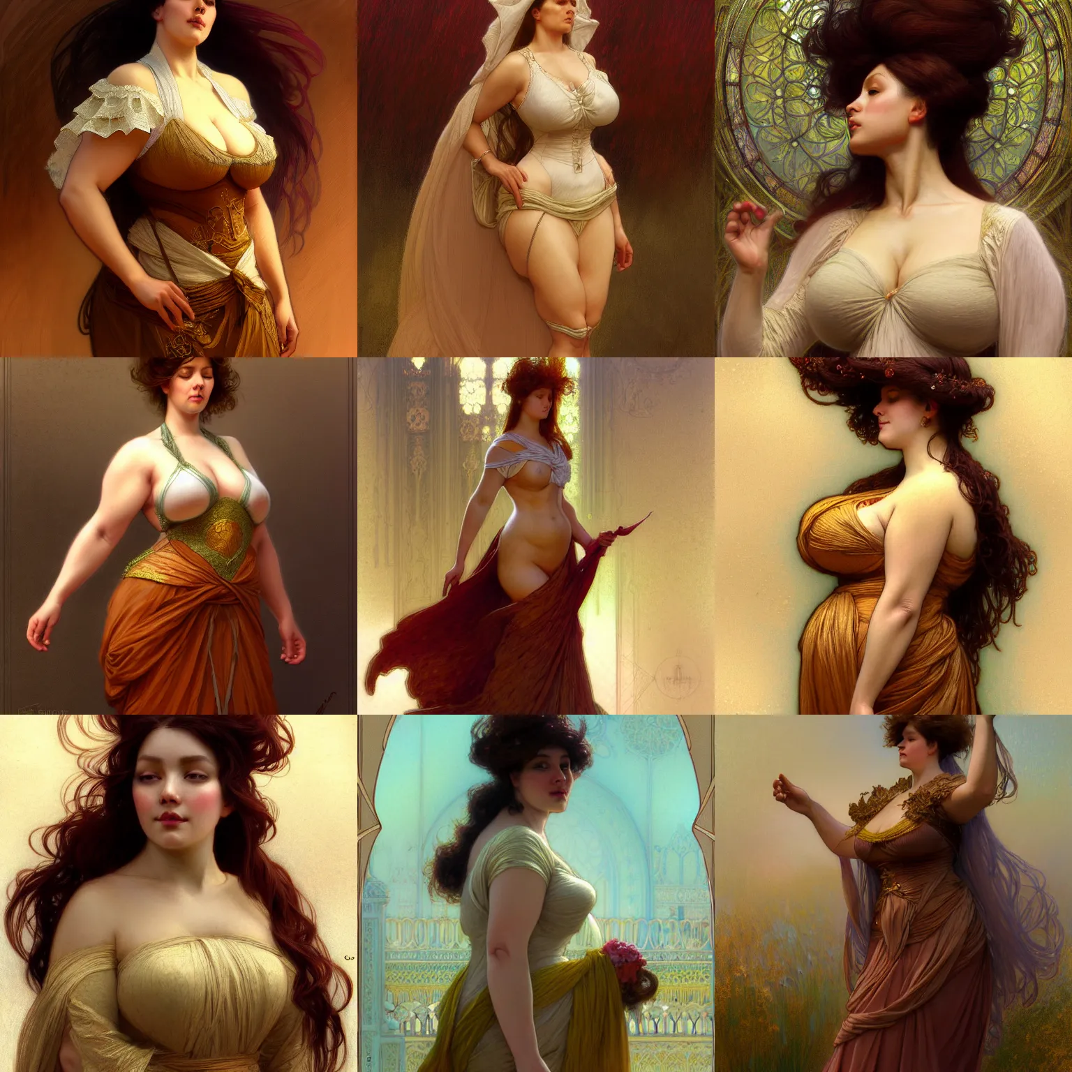 Image similar to character concept portrait of stable diffusion ai ( me! ) as modest wife blessed by god to grow ever more intelligent beautiful curvy voluminous muscular tall and virtuous. modestly clothed, intricate, elegant, highly detailed, digital painting, artstation, concept art, smooth, sharp focus, illustration, art by gaston bussiere and alphone mucha