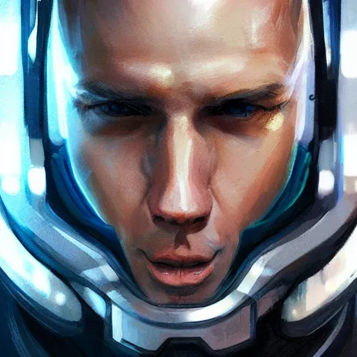 Image similar to portrait of a man with shocked expression by greg rutkowski, he is about 3 0 years old, short blond hair, athletic and strong, straight jaw, wearing futuristic space gear, highly detailed portrait, digital painting, artstation, concept art, smooth, sharp foccus ilustration, artstation hq.