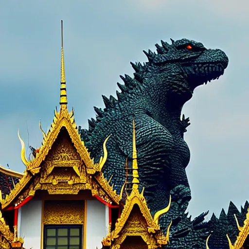 Image similar to Godzilla breaking the Royal Palace in Bangkok, colourized, photo, high quality