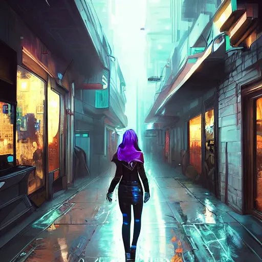 Prompt: a girl walking in cyberpunk street, artstation, professional