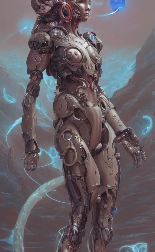 Prompt: Full lengh of a cyborg goddess by Wayne Barlowe and Peter Mohrbacher detailed sharp digital art trending on Artstation