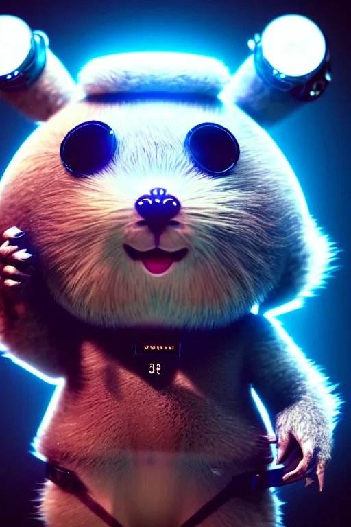 Image similar to high quality 3 d render sci - fi very cute fluffy! wombat!! cyborg with futuristic mechanical parts, cyberpunk monocle!, highly detailed, unreal engine cinematic smooth, in the style of detective pikachu, hannah yata charlie immer, dark blue neon light, low angle, uhd 8 k, sharp focus