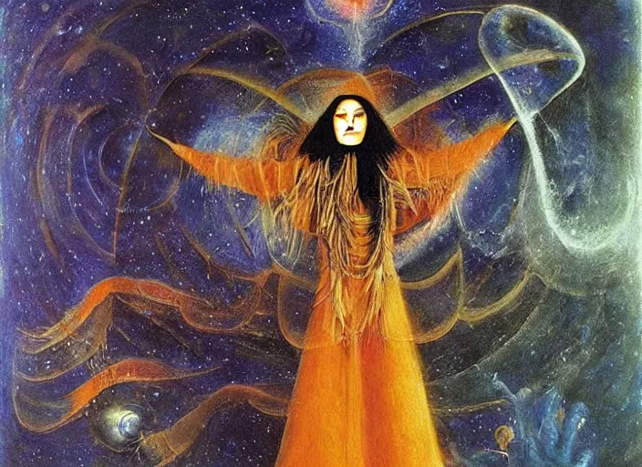 Prompt: a shaman woman holding up the cosmic!! universe, by remedios varo, reflection, symbolist, psychedelic colors, dramatic lighting, smooth, sharp focus, extremely detailed, aesthetically pleasing composition