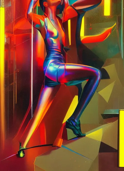 Image similar to futuristic lasers, data visualization, cyberpunk visor rain, wet, oiled, sweat, girl pinup, by steven meisel, james jean and rolf armstrong, geometric cubist acrylic and hyperrealism photorealistic airbrush painting with retro and neon colors