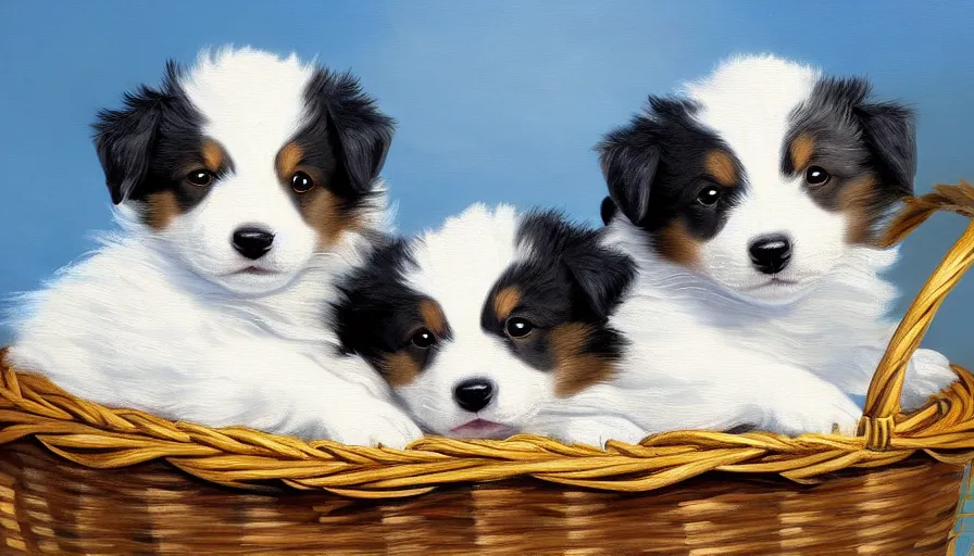 Image similar to highly detailed painting of cute furry baby border collies puppies cuddled up in a basket by william turner, thick brush strokes and visible paint layers, 4 k resolution, blue and white colour scheme