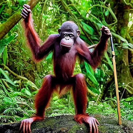 Image similar to “tall Goblin orangutan hybrid with mange holding a spear, jungle background”