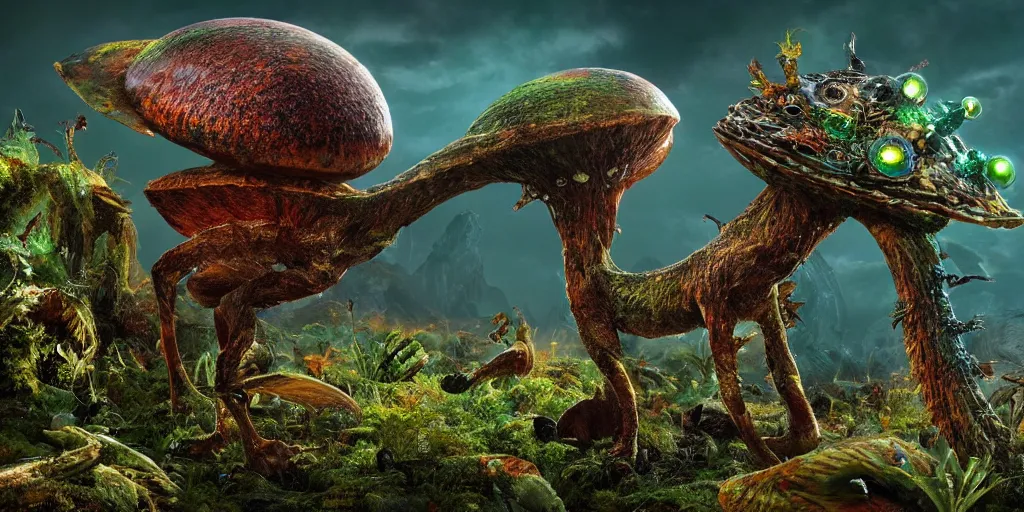 Prompt: a bird reptile giraffe mushroom jelly hybrid creature monster with metal scales feathers fur moss spines knobs, rich diverse lush alien world, fantasy, science fiction, dramatic lighting, in the style of national geographic, ken barthelmey, patrick woodroffe, illustration, octane render 8 k