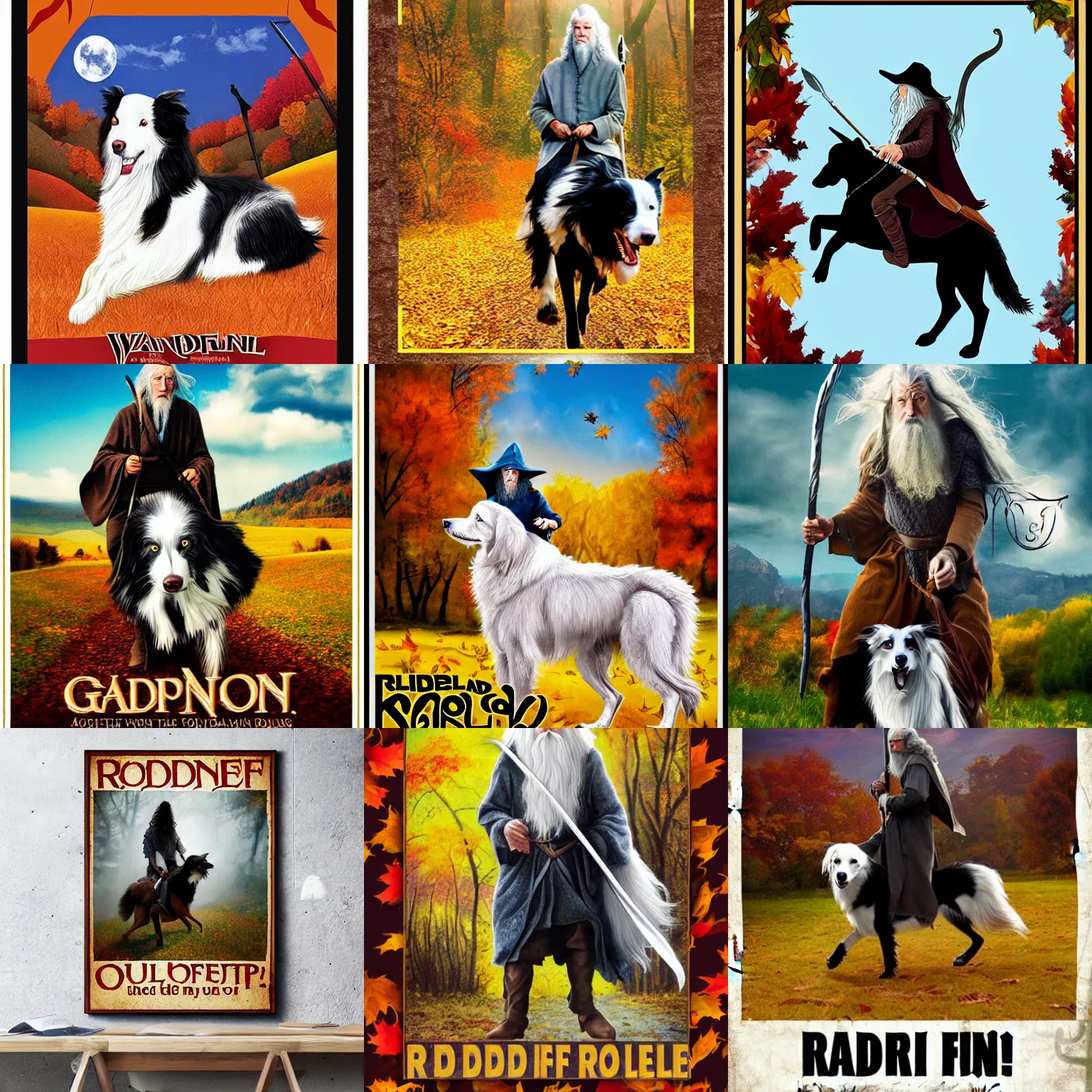 Prompt: gandalf!!! riding a border collie, movie poster, autumn colors