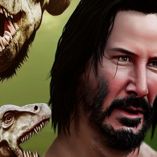 Image similar to a hyper real comic book style portait painting of keanu reeves in the stone age with dinosaurs, unreal 5, hyperrealistic, octane render, cosplay, rpg portrait, dynamic lighting