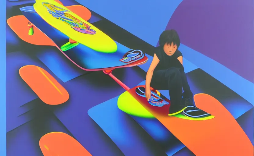 Image similar to flying skate boards by shusei nagaoka, kaws, david rudnick, airbrush on canvas, pastell colours, cell shaded!!!, 8 k