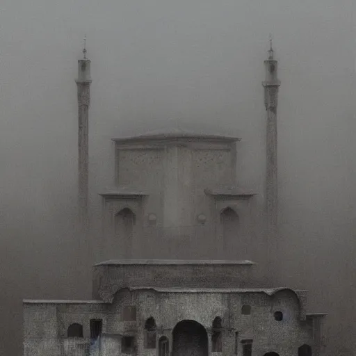 Image similar to a big mosque in a Village, horror, fog, foster, highly detailed, one house, fear, hyper realistic, atmospheric lighting, beksinski