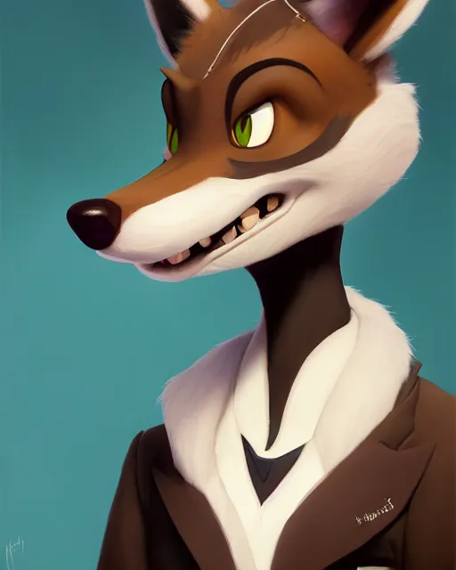 Image similar to oil painting of anthromorphic female wolf, in style of cory loftis, female fursona, furry, furaffinity, 4 k, deviantart, furry art, fursona art, wearing black business suit, business suit, in style of zootopia, wolf fursona, cyberpunk, female, very expressive detailed feminine face,