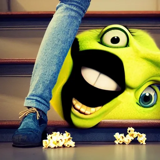 Prompt: mike wazowski from monsters inc falling down the stairs with a bucket of popcorn, iphone photo