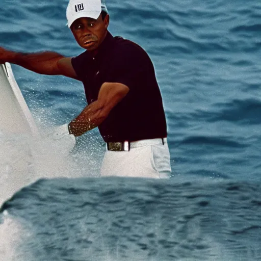 Prompt: a close up cinematic film still of tiger woods in the jaws