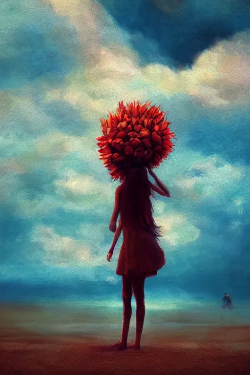 Image similar to closeup, giant flower head, a girl on beach, surreal photography, wind and cold, dramatic sky, impressionist painting, digital painting, artstation, simon stalenhag