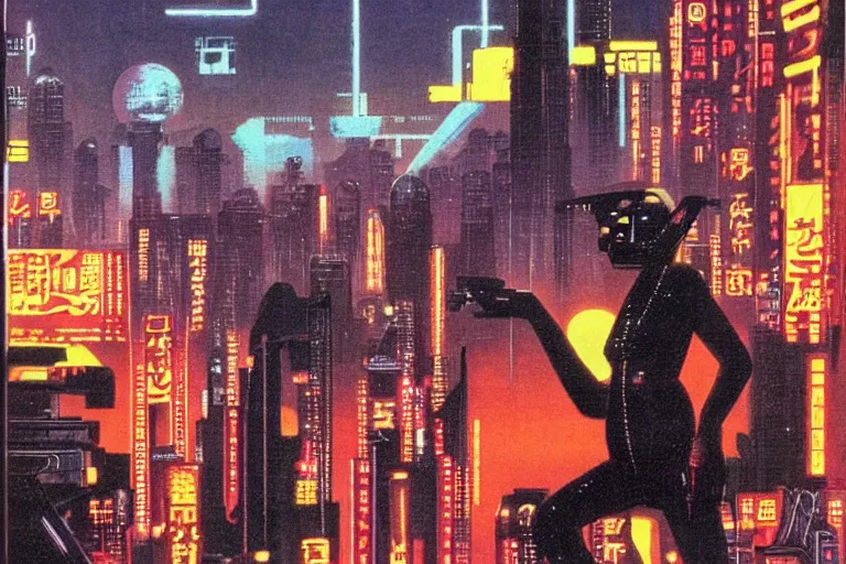 Image similar to 1979 OMNI Magazine Cover of an humanoid monkey in Neo-Tokyo in cyberpunk style by Vincent Di Fate