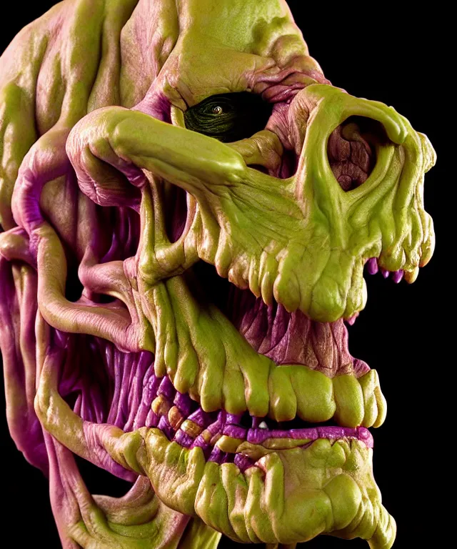 Image similar to hyperrealistic rendering, cronenberg flesh monster skeletor by art of skinner and richard corben and jeff easley, product photography, action figure, sofubi, studio lighting, colored gels