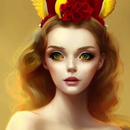 Image similar to an elegant yellow bird wearing a crown and a red bow tie in the style of Charlie Bowater, very very beautiful, high quality, detailed, 4k, digital art, artstation, smooth