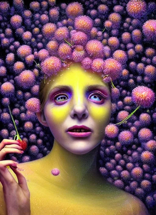 Image similar to hyper detailed 3d render like a chiariscuro Oil painting - Aurora (Singer) looking adorable and seen in dynamic pose joyfully Eating of the Strangling network of yellowcake aerochrome and milky Fruit and Her delicate Hands hold of gossamer polyp blossoms bring iridescent fungal flowers whose spores black the foolish stars to her smirking mouth by Jacek Yerka, Mariusz Lewandowski, Houdini algorithmic generative render, Abstract brush strokes, Masterpiece, Edward Hopper and James Gilleard, Zdzislaw Beksinski, Mark Ryden, Wolfgang Lettl, hints of Yayoi Kasuma, octane render, 8k