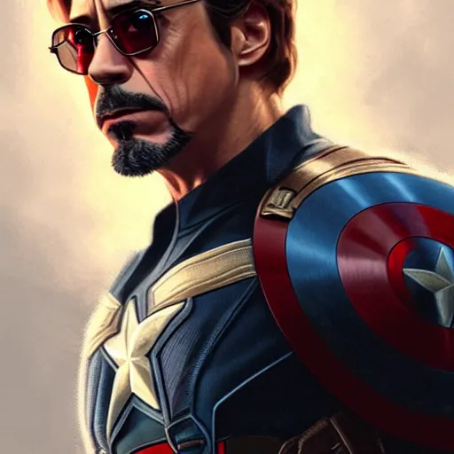 Image similar to handsome Robert Downey Jr as Captain America, western, closeup, D&D, fantasy, intricate, elegant, highly detailed, digital painting, artstation, concept art, matte, sharp focus, illustration, art by Artgerm and Greg Rutkowski and Alphonse Mucha