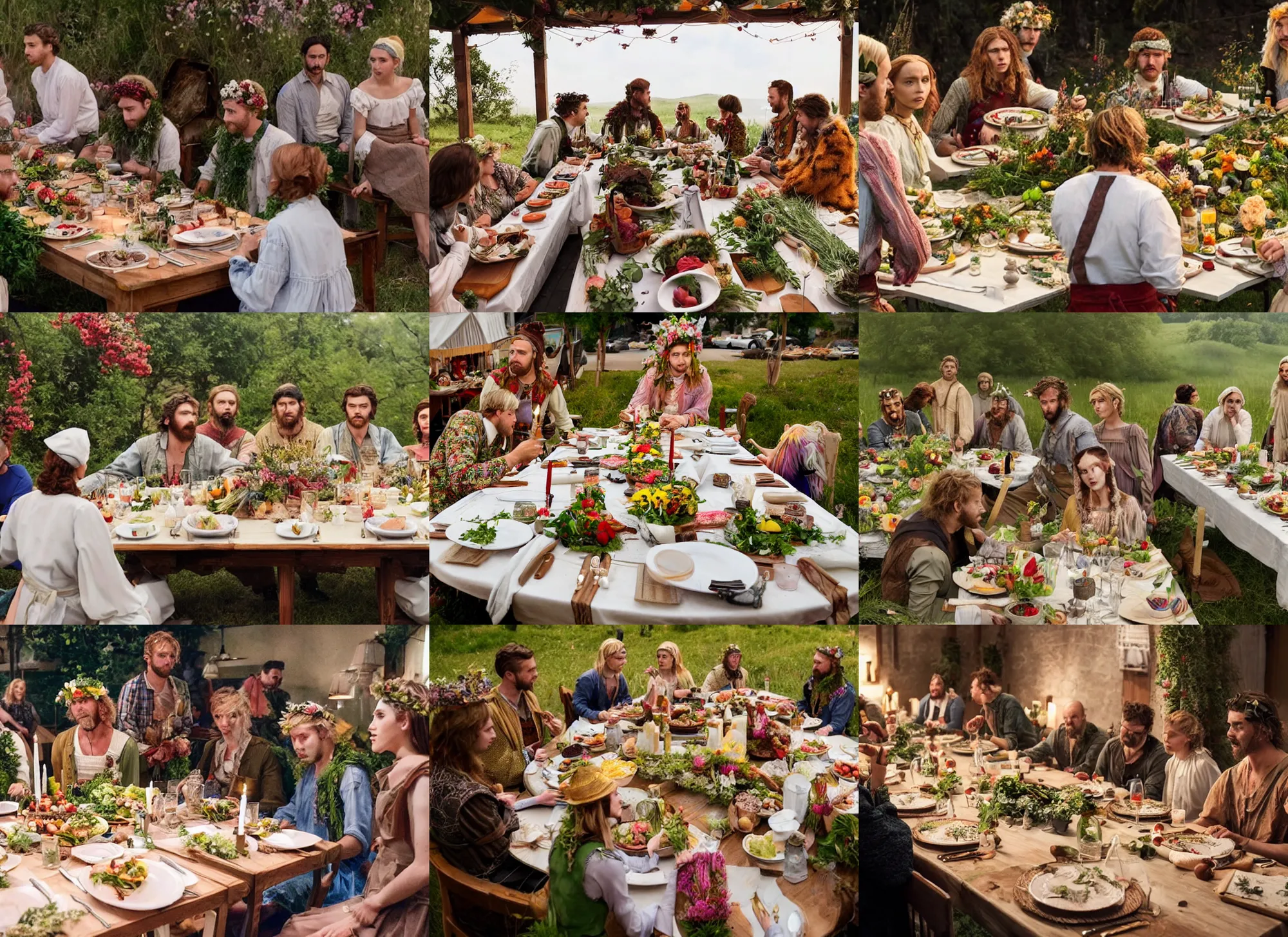 Prompt: a table dinner where people are dressed like the characters from the midsommar movie, cinematic, hyperdetailed, ultrarealistic