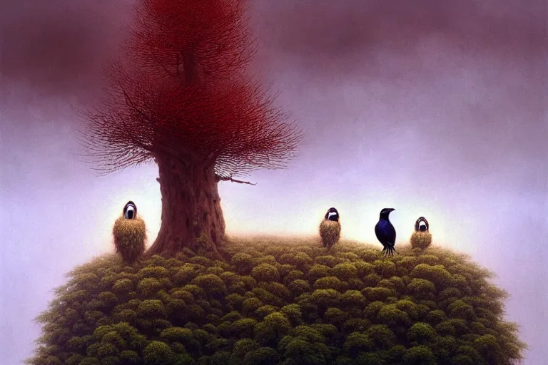 Prompt: a magpie family hosting their magpie relatives on top of a pine tree, in the style of rafał olbinski, in the style of beksinski, in the style of gediminas pranckevicius, intricate and epic composition, red by caravaggio, insanely quality, highly detailed, masterpiece, purple light, artstation, 4 k