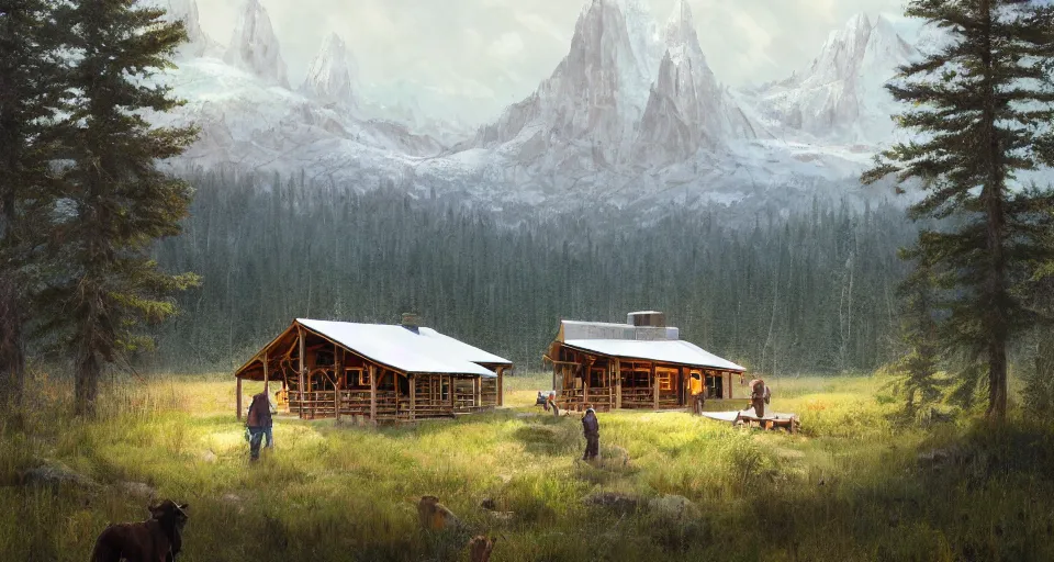 Image similar to cabela's beautiful comfortable modular pop - up insulated all terrain family dwelling, cabin,, person in foreground, mountainous forested wilderness open fields, beautiful views, painterly concept art, joanna gaines, environmental concept art, farmhouse, magnolia, concept art illustration, by james gurney, by craig mullins, by greg rutkowski trending on artstation