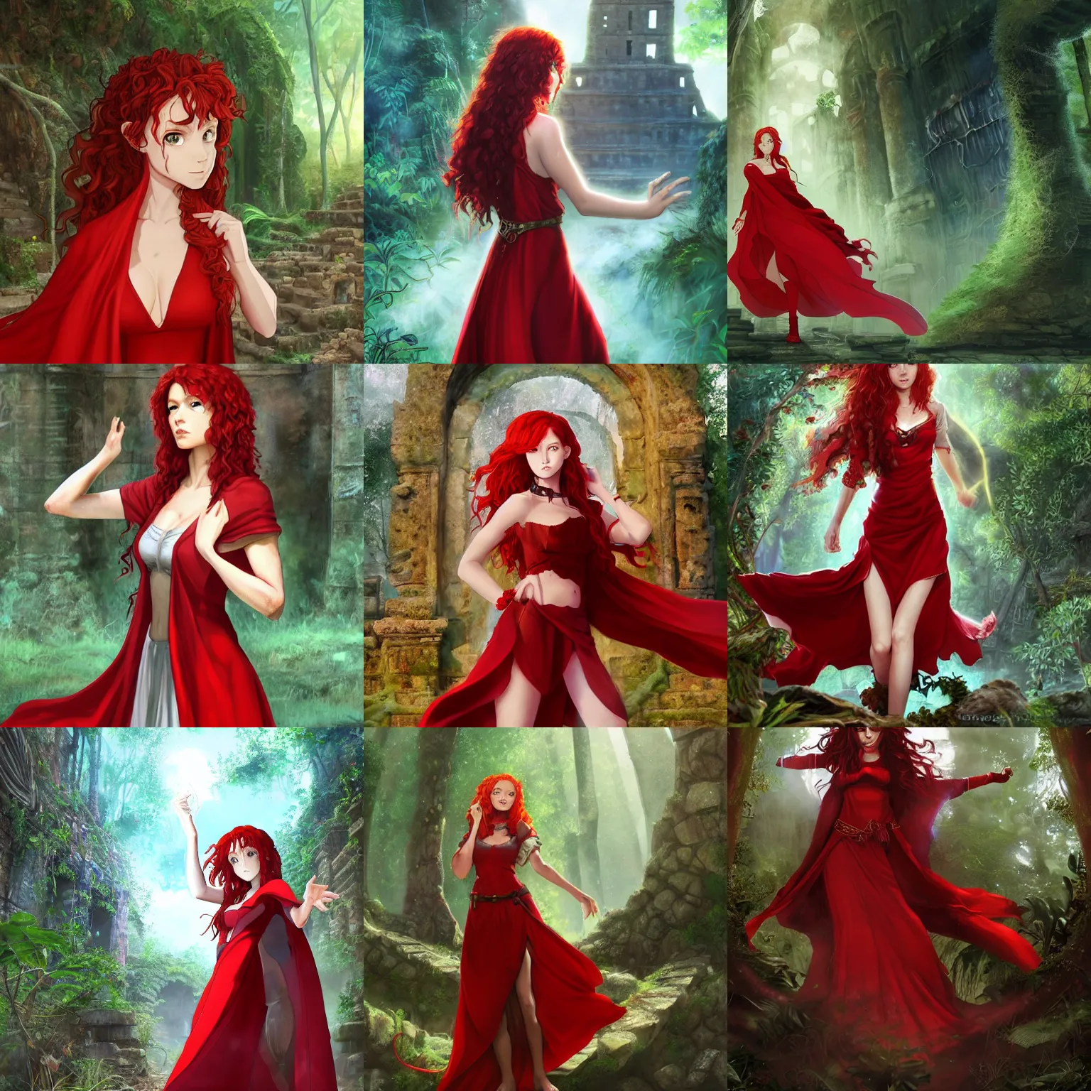 Prompt: portrait of a female sorceress with curly red hair wearing a red dress and a red cloak exploring the ruins of a maya city in the jungle, half body, single subject, ambient lighting, highly detailed, digital painting, trending on pixiv fanbox, studio ghibli, extremely high quality artwork, art by ross tran and artgerm and makoto shinkai