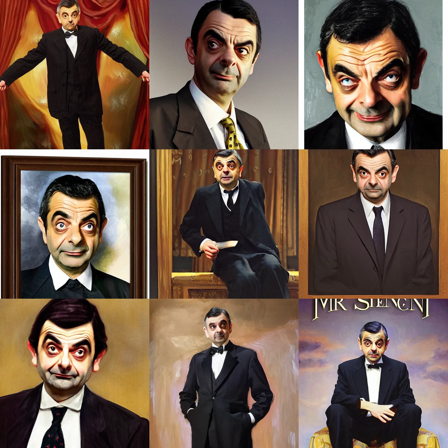 Prompt: mr bean ( rowan atkinson ) plays ( ( ( machbeth ) ) ) on a stage, dramatic, ( ( stage lights ) ), sharp focus, photorealistic, ( ( theatrical ) ), dramatic, directed by steven speilberg, 2 0 2 2 theater poster painted by john singer sargent