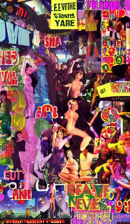 Image similar to Poster for a New Year's Eve rave, pastiche, collage, postmodern, early 3DCG, late 90s