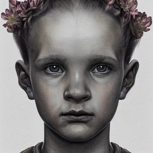 Prompt: beautiful!! portrait of Eleven from the stranger things by (((Marco Mazzoni ))) marco mazzoni ,dark ,detailed!! ,(((flowers on hair))) ,portrait,