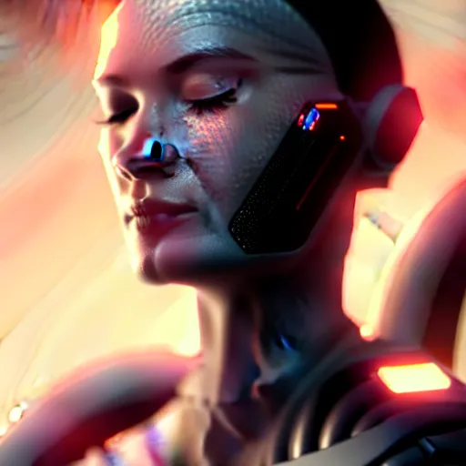 Image similar to ultra realistic, beautiful cyborg woman eyes closed, metahuman, sci-fi, magic fantasy, cyberpunk, intricate, elegant, highly detailed, digital painting, octane render, substance painter, zbrush, artstation, concept art, smooth, sharp focus, eerie, illustration, 8k, HD, art by artgerm and greg rutkowski and alphonse mucha